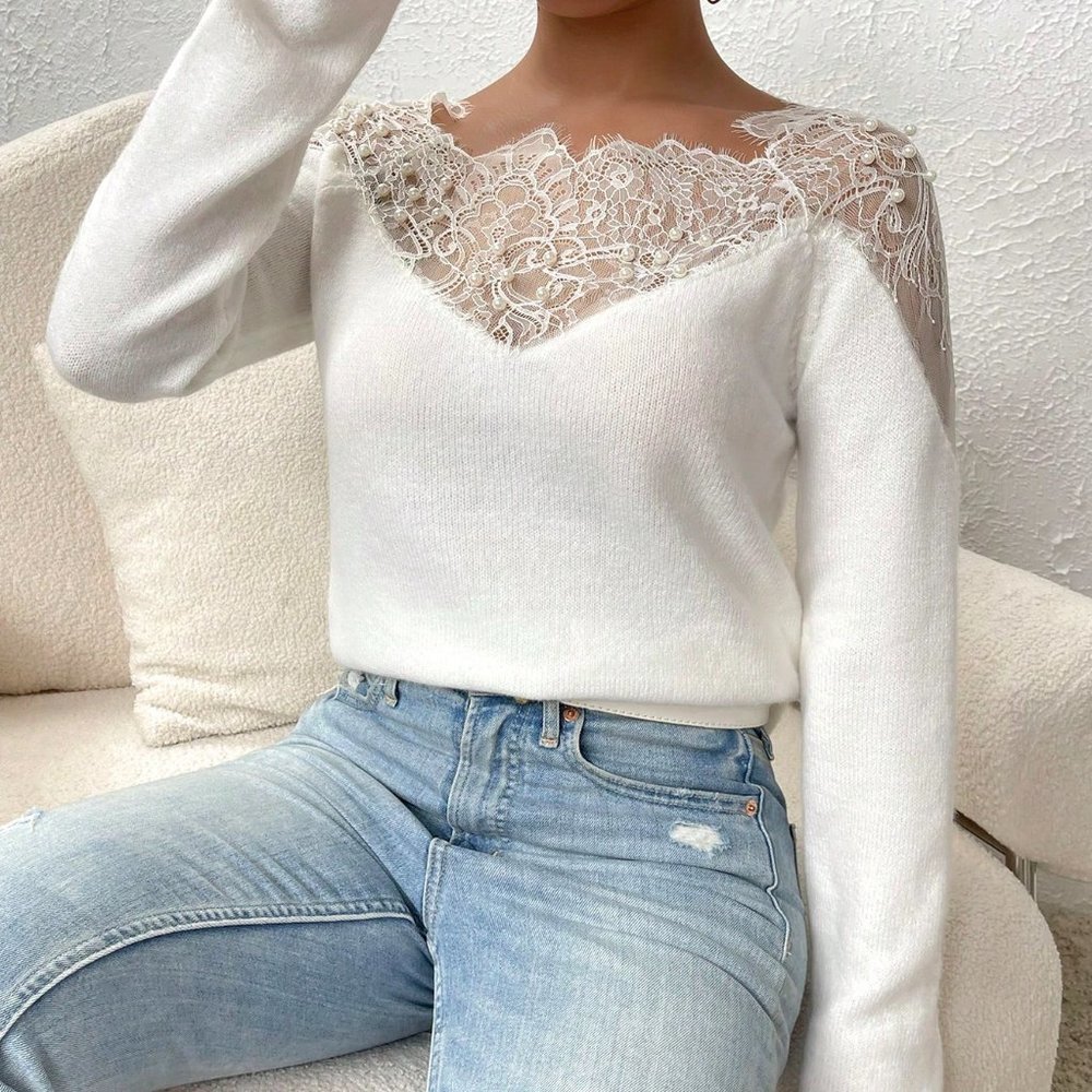 White Casual Womens Eyelash Lace Panel Raglan Sleeve Sweater - Picture 5 of 5